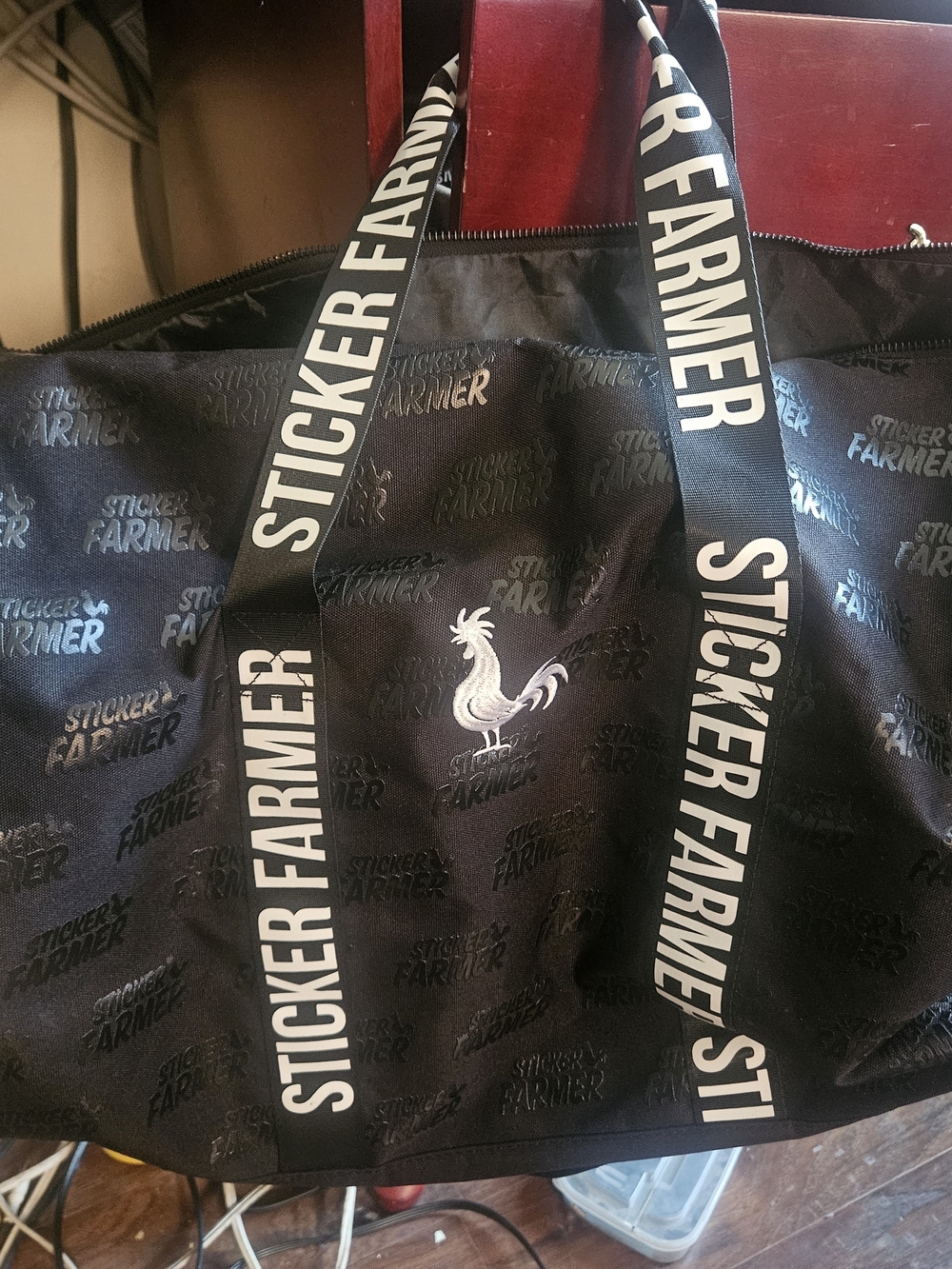 Black Duffel Bag with White Logo Straps